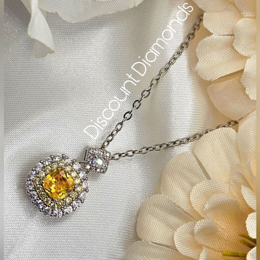 Yellow & White Diamond Pendant Necklace wrapped by Baguette Diamonds on 925